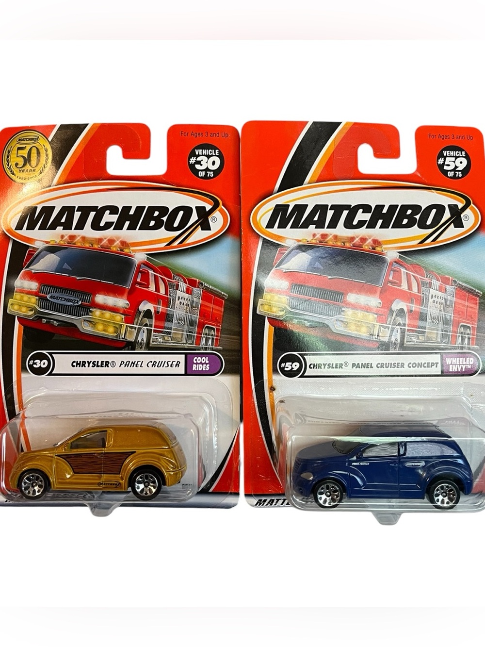 (2) MATCHBOX CHRYSLER PANEL CRUISER Diecast Cars Blue 2000 and Gold 2001